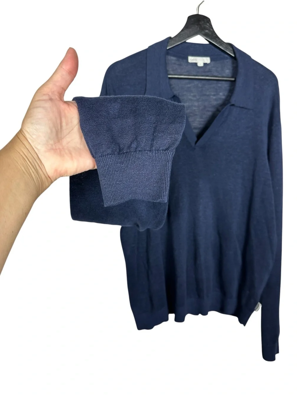 ONIA Sweater Mens Large Deep Navy Blue Johnny Polo 100% Linen Long Sleeve V-Neck
